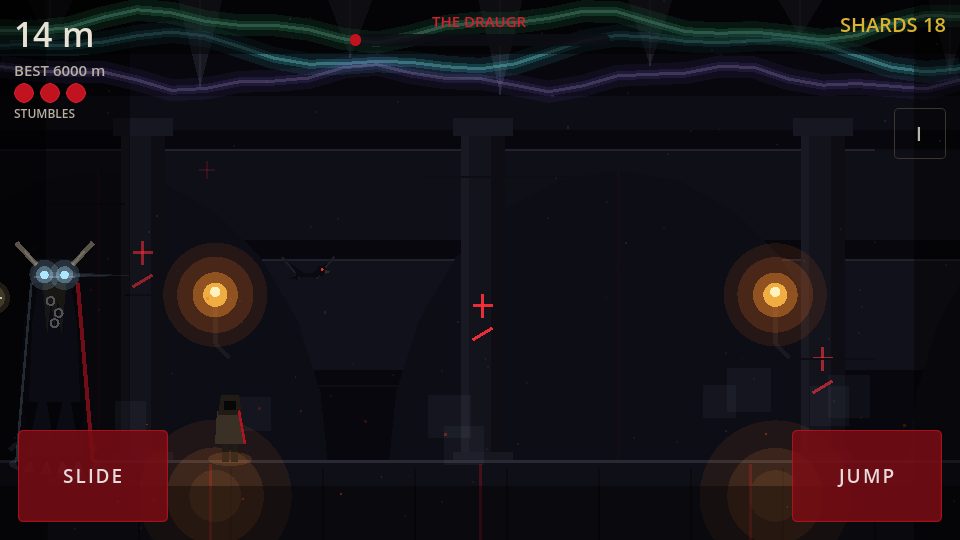 Endless runner gameplay in the burial mound tunnel with jump and slide buttons