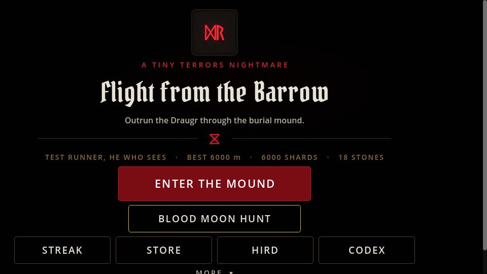 Flight from the Barrow title screen with the Enter the Mound button